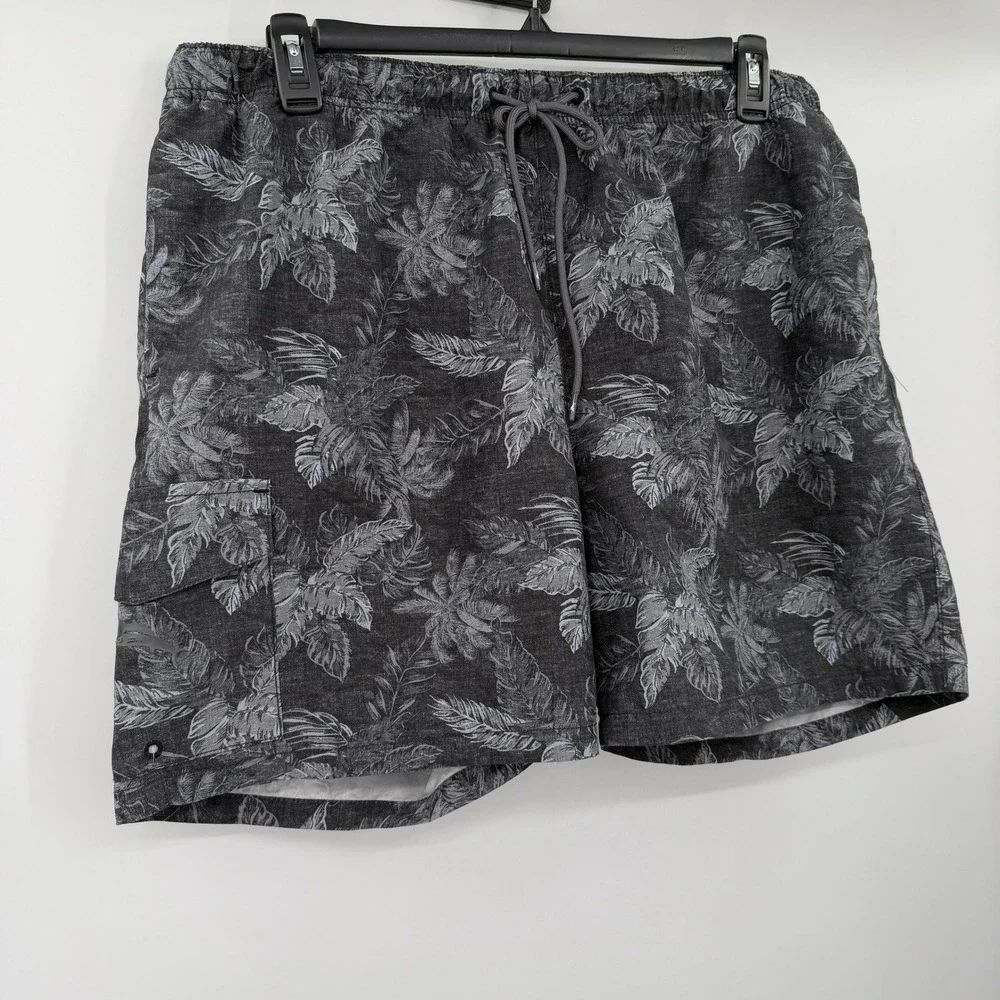 Tommy Bahama Mens XL Swim Trunks Grey Tropical Palm Print Cargo Board Shorts